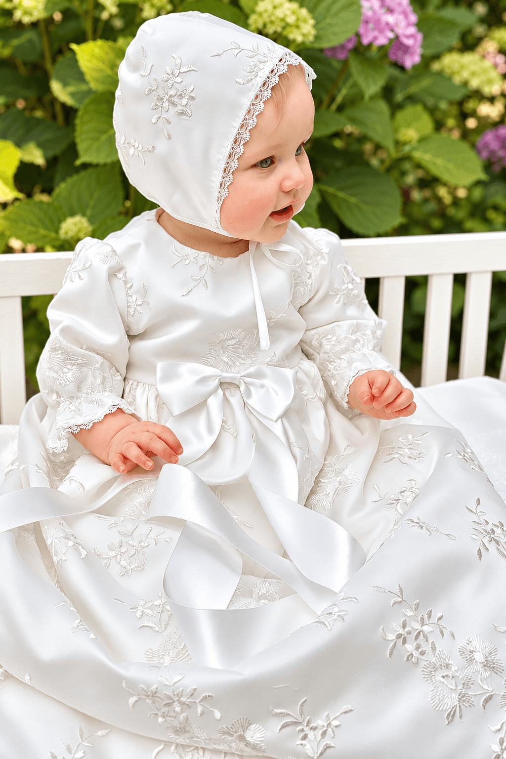 A baby wearing a white satin christening dress and matching embroidered bonnet, sitting on a white bench with green garden foliage in the background.
